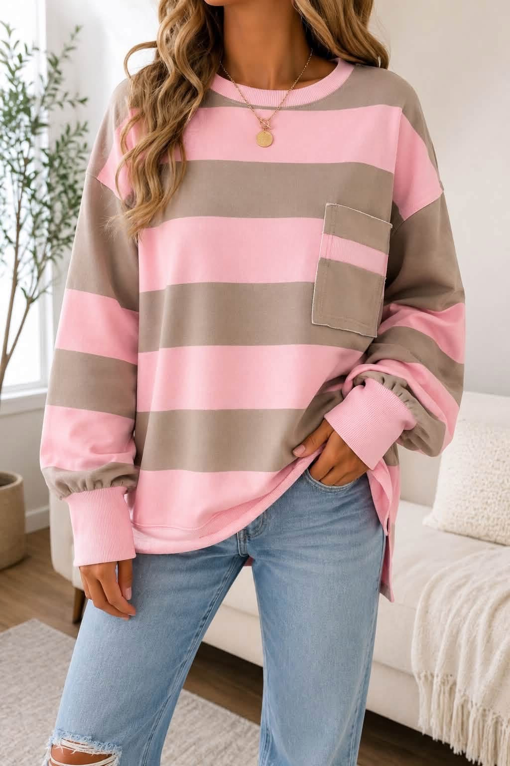 pink striped patch pocket sweatshirt