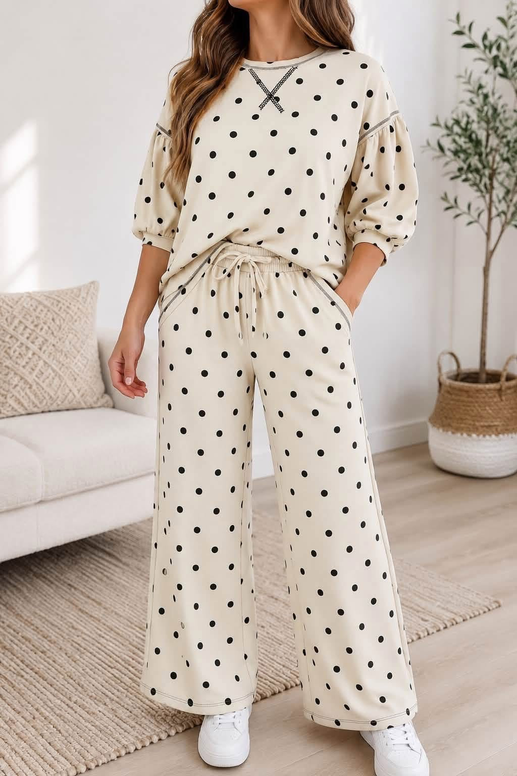 beige polka dot casual set
