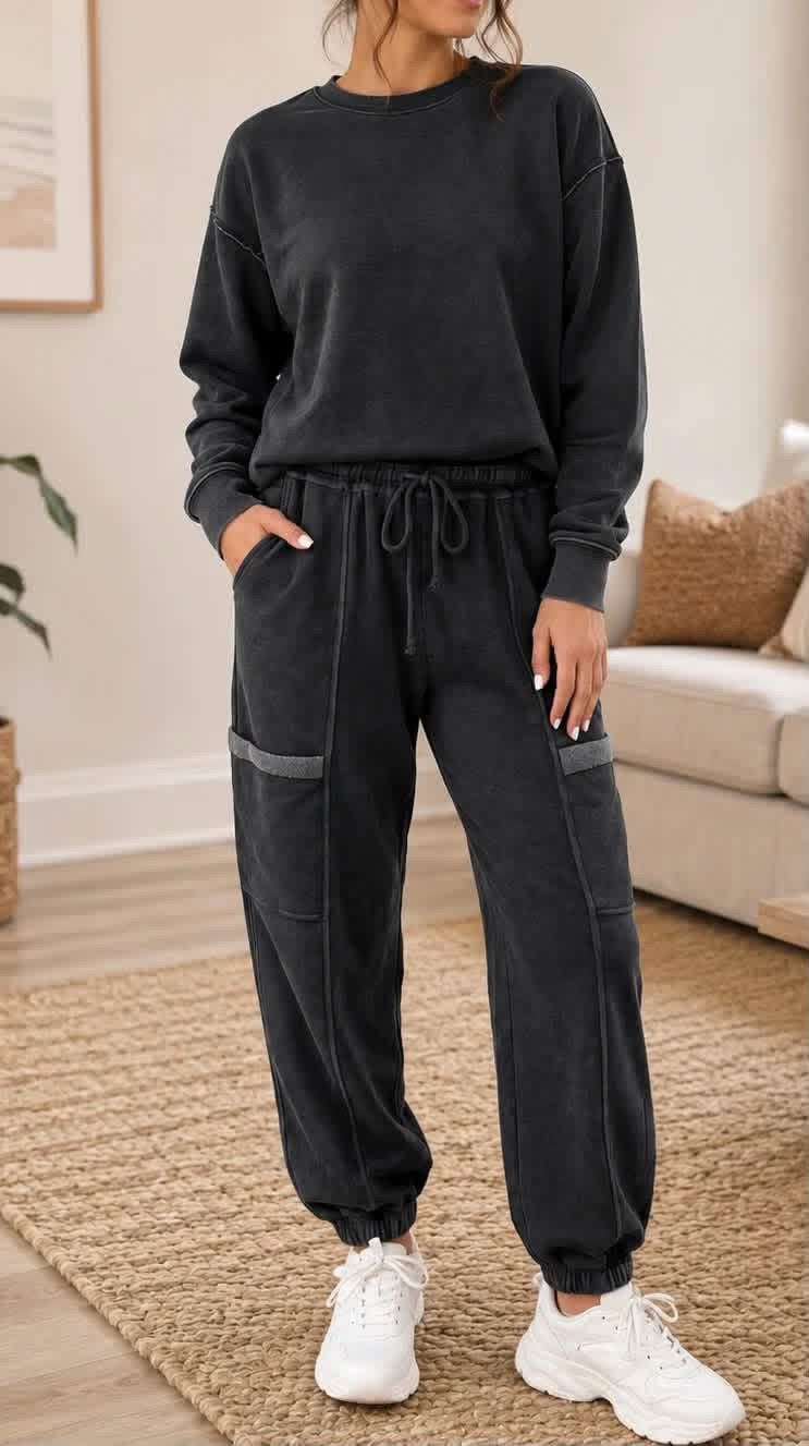 black acid wash jogger set