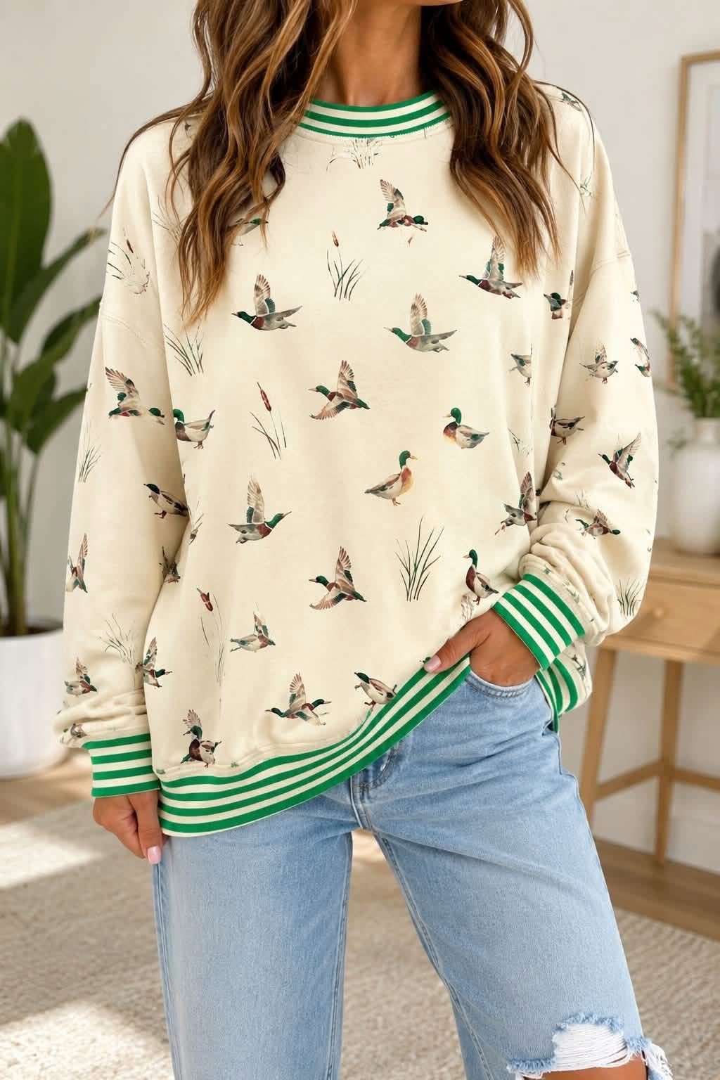 mallard trim striped sweatshirt