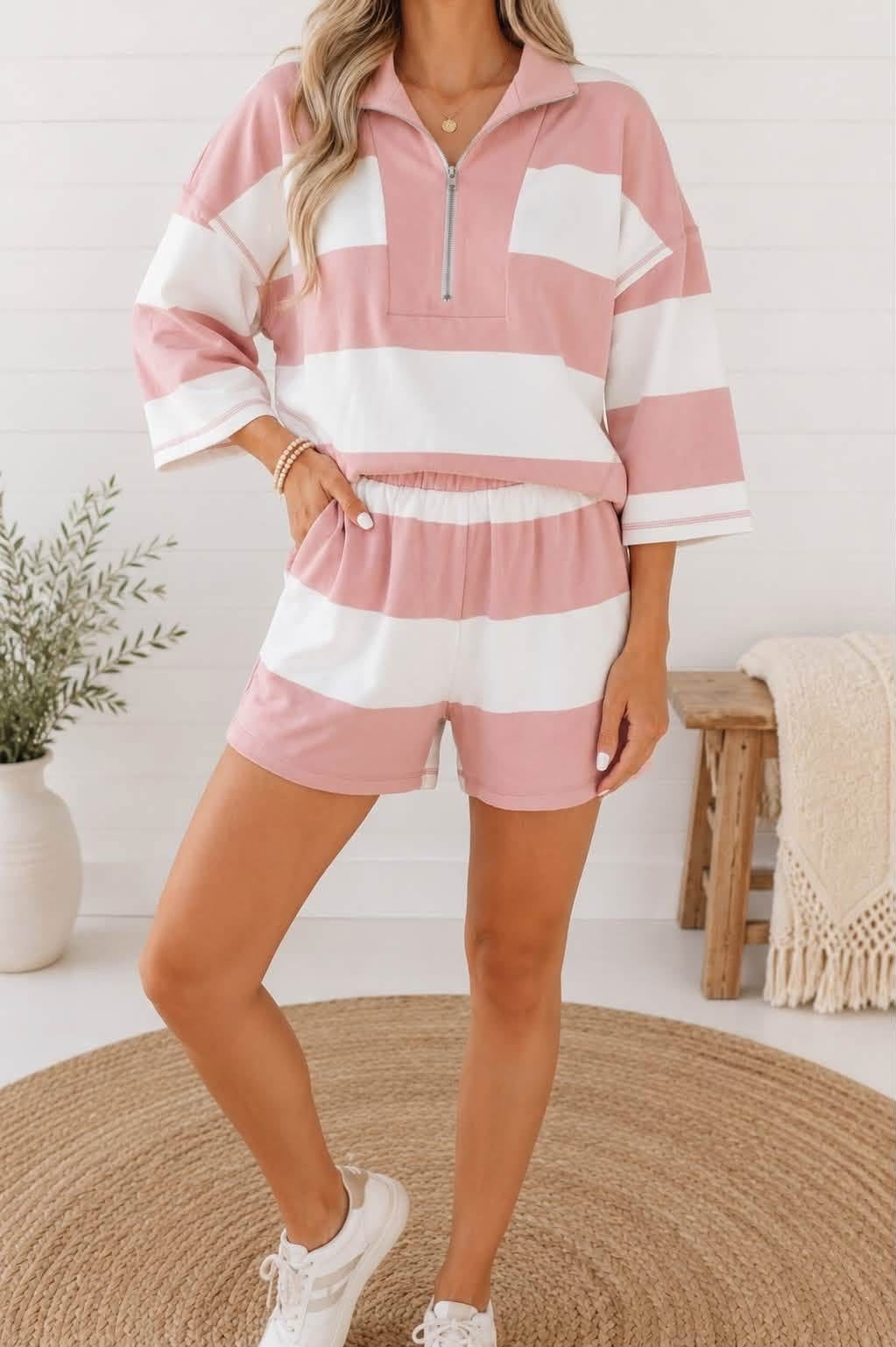 pink striped half zip set