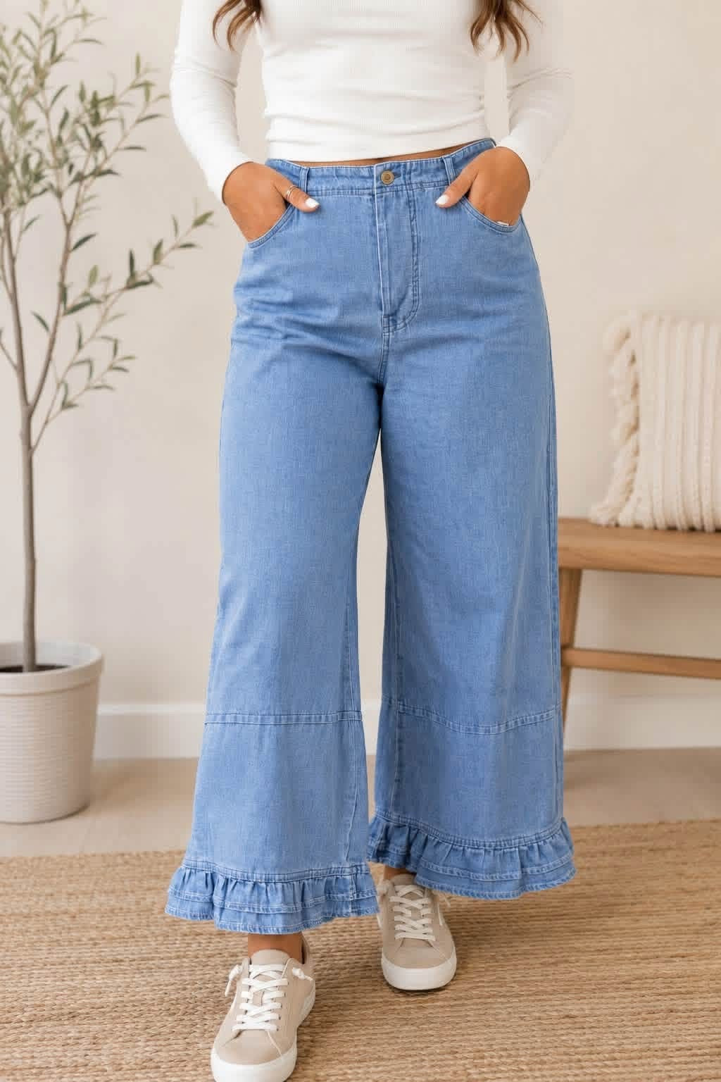 blue ruffle pants