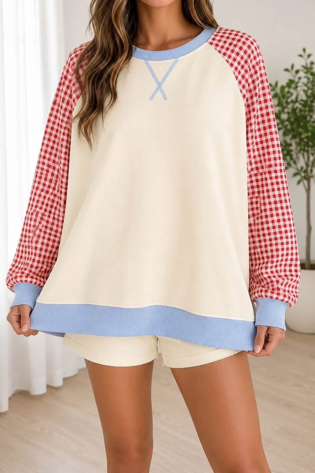 beige plaid colorblock sweatshirt