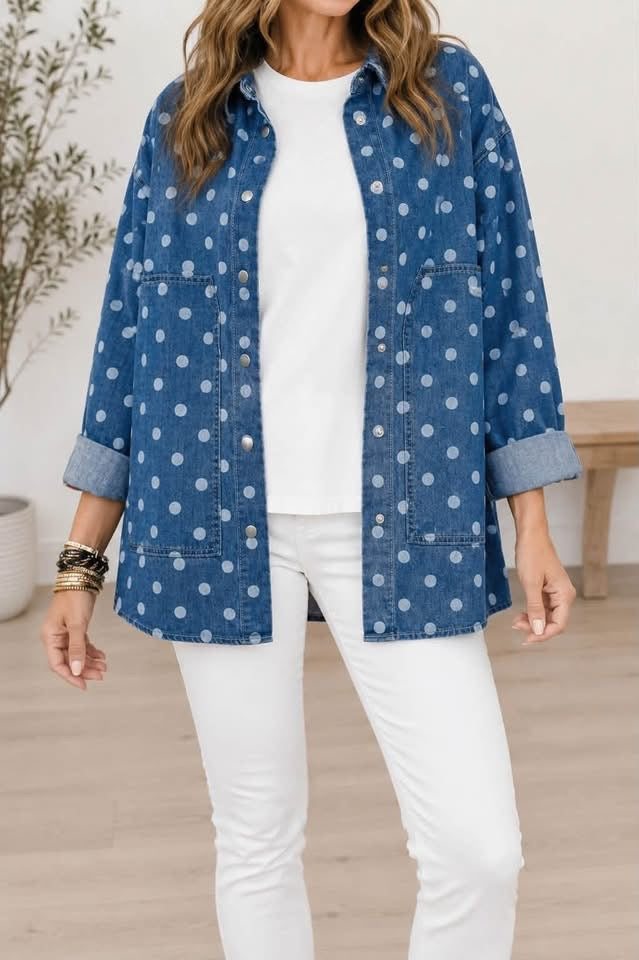blue polka dot denim jacket