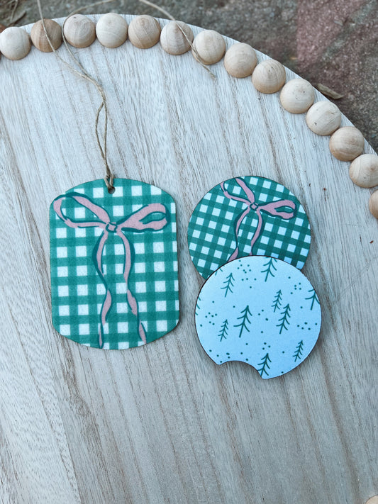 CHRISTMAS COQUETTE BOW COASTER & FRESHIE SET