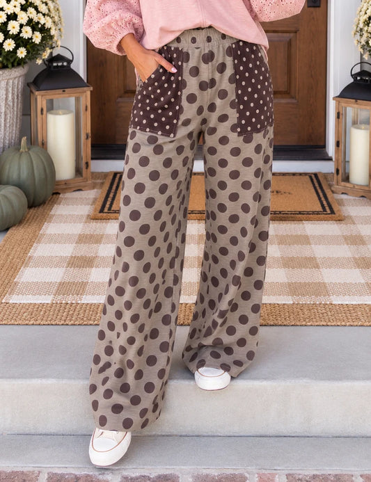 brown elastic polka dot pants