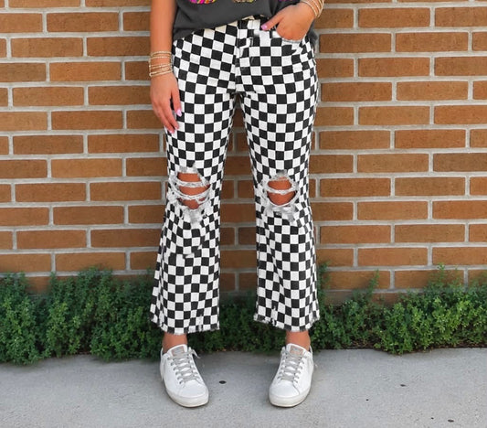 checkered distressed denim