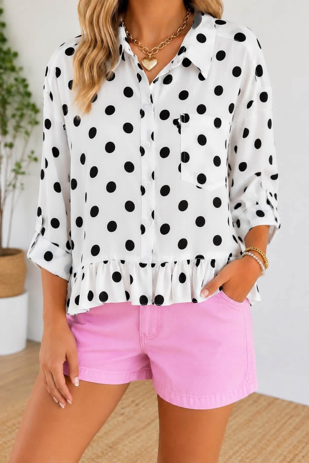 white polka dot ruffle shirt