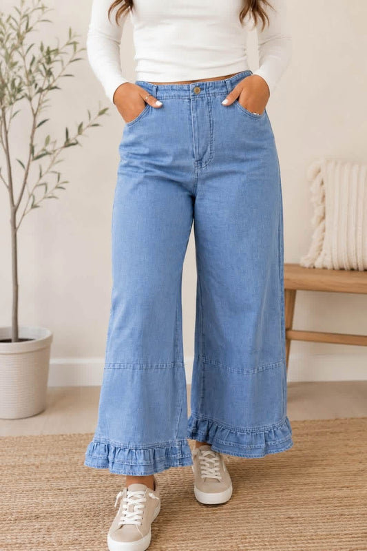blue ruffle pants